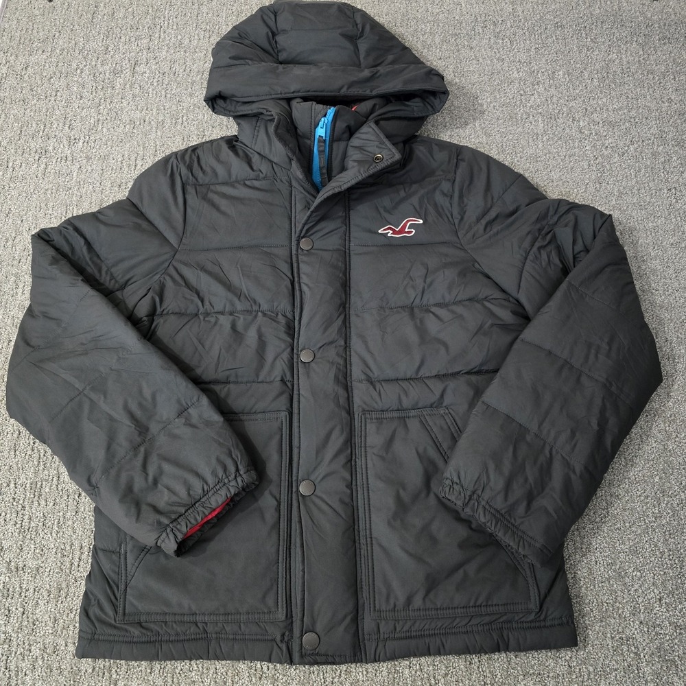 Hollister Mens XL Charcoal Gray Hooded Puffer Jacket Winter Coat Red Lining